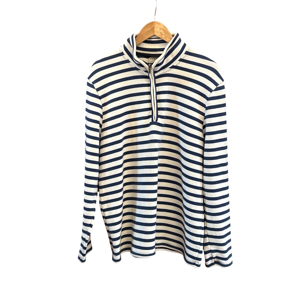 LL Bean L Stripe Quarter Zip Pullover Navy White Nautical Coastal Grandma Prep